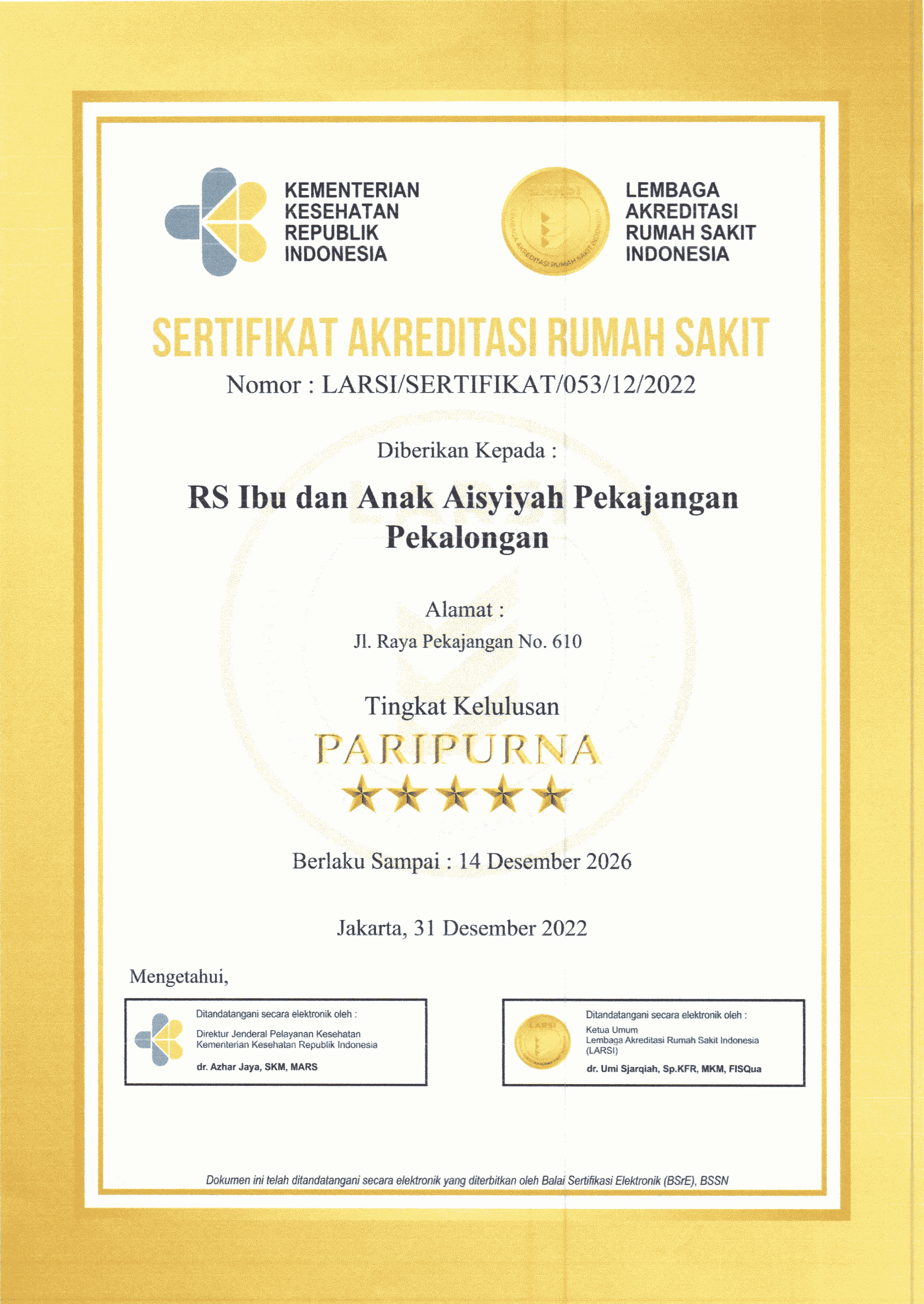 Sertifikat Akreditasi RSIA Aisyiyah Pekajangan